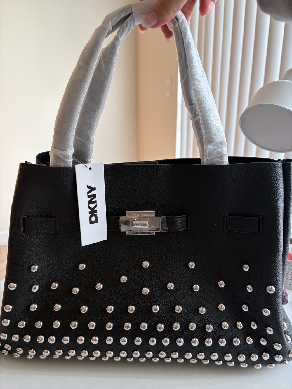 DKNY Black Studded Satchel with Silver Hardware